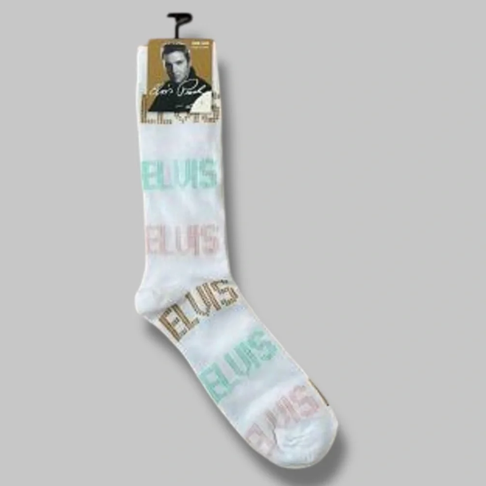 Elvis King of Rock Crew Socks Novelty White  Unisex One Size 7-12